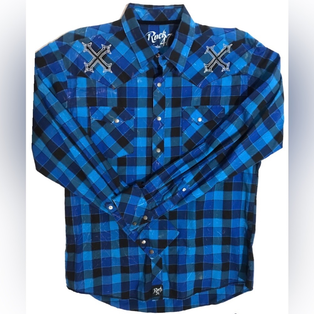 Wrangler Rock 47 Blue Plaid Snap Button Long Sleeve Western Shirt. Sz L.